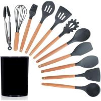 Kit De Utensílios De Cozinha Em Silicone E Cabo De Madeira - 12 Peças - Preto - 1
