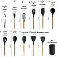 Kit De Utensílios De Cozinha Em Silicone E Cabo De Madeira - 12 Peças - Preto - 2