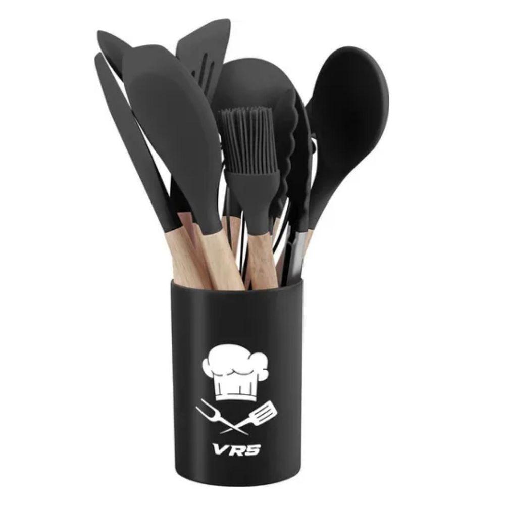 Kit Utensílios Cozinha Silicone Com Suporte 12 Pçs Colheres Preto - 1