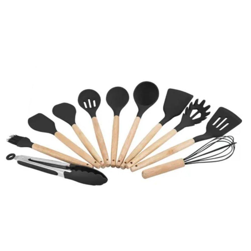 Kit Utensílios Cozinha Silicone Com Suporte 12 Pçs Colheres Preto - 2