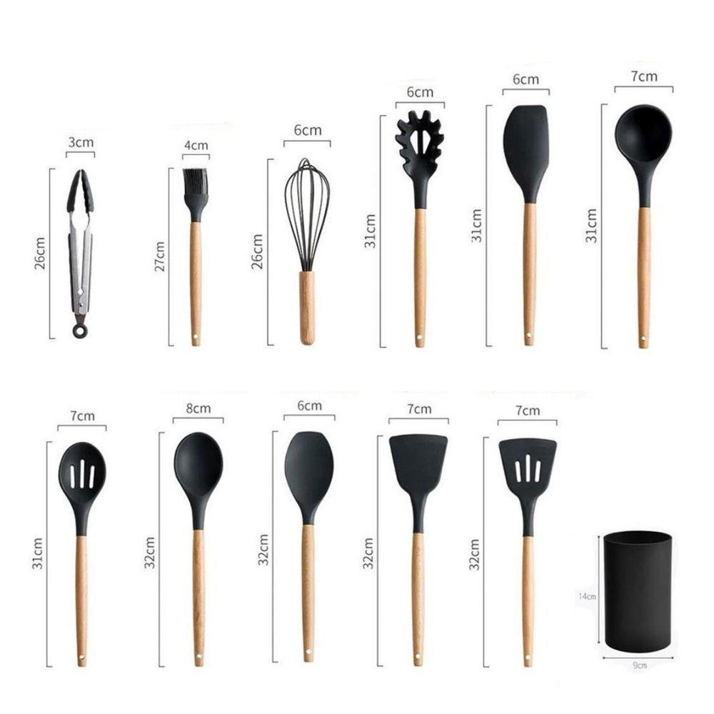 Kit Utensílios Cozinha Silicone Com Suporte 12 Pçs Colheres Preto - 3