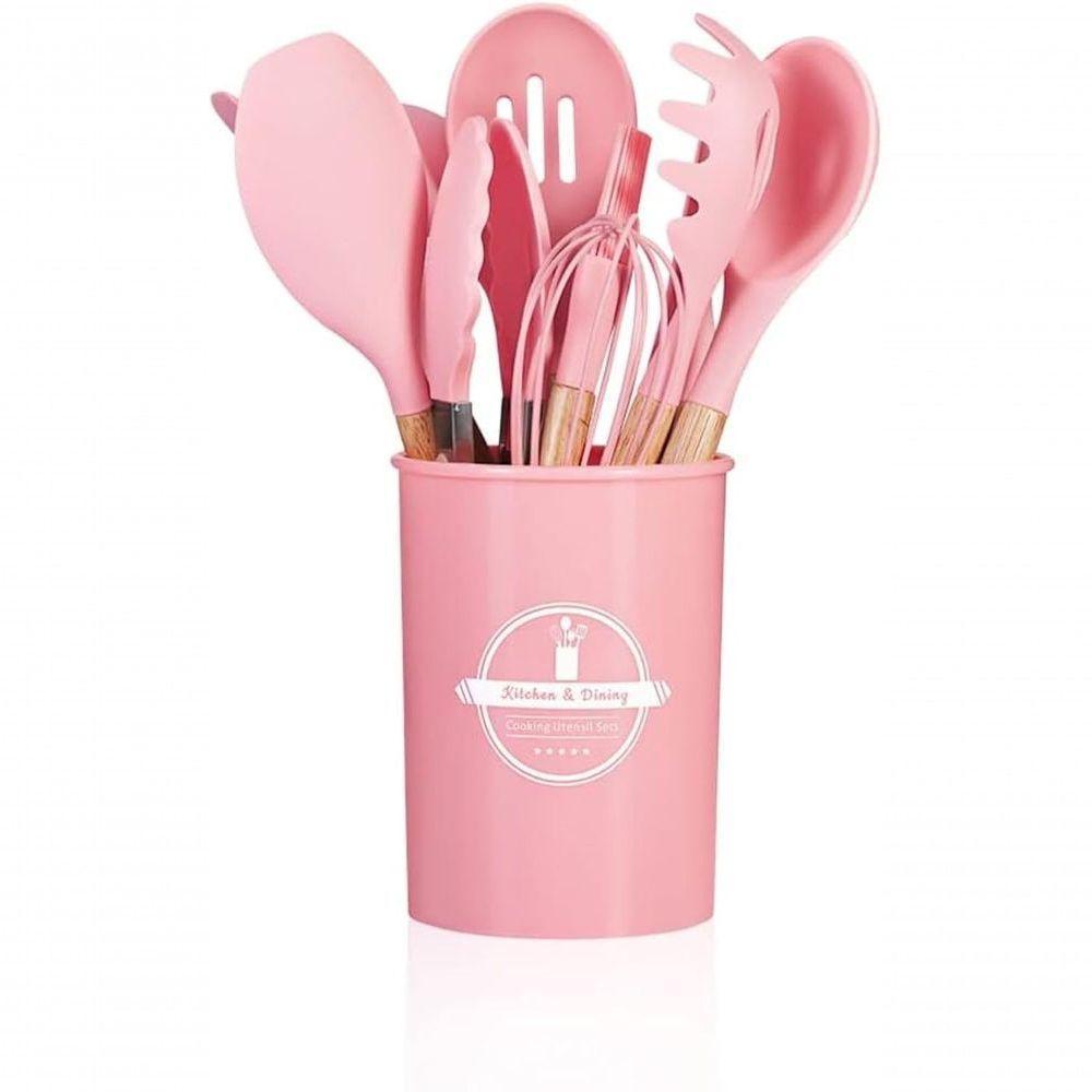 Kit De Utensílios De Cozinha Em Silicone Com Cabo De Madeira 12 Peças - Qualidade Premium - Rosa - 1