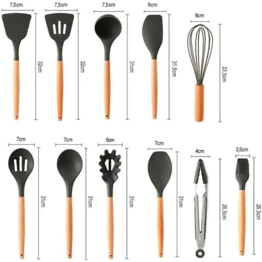 Kit De Utensílios De Cozinha Em Silicone Com Cabo De Madeira 12 Peças - Qualidade Premium - Rosa - 2