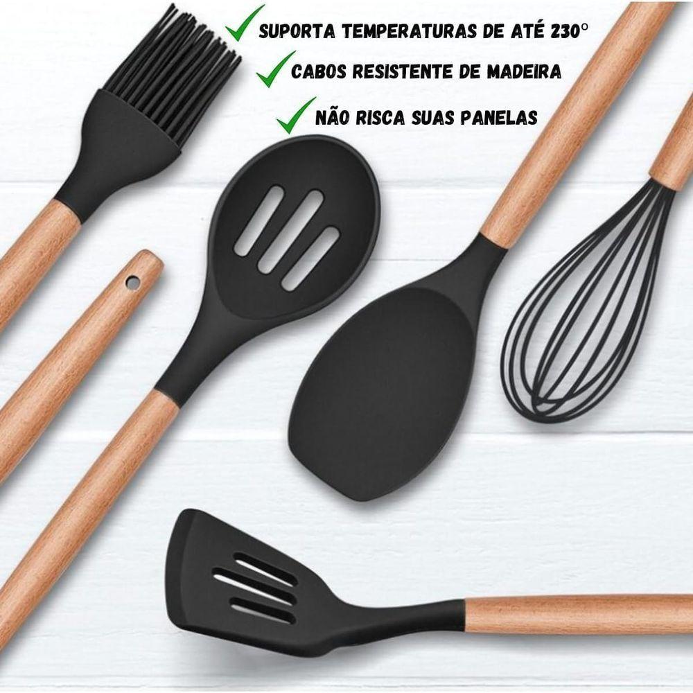 Kit De Utensílios De Cozinha Em Silicone Com Cabo De Madeira 12 Peças - Qualidade Premium - Rosa - 3