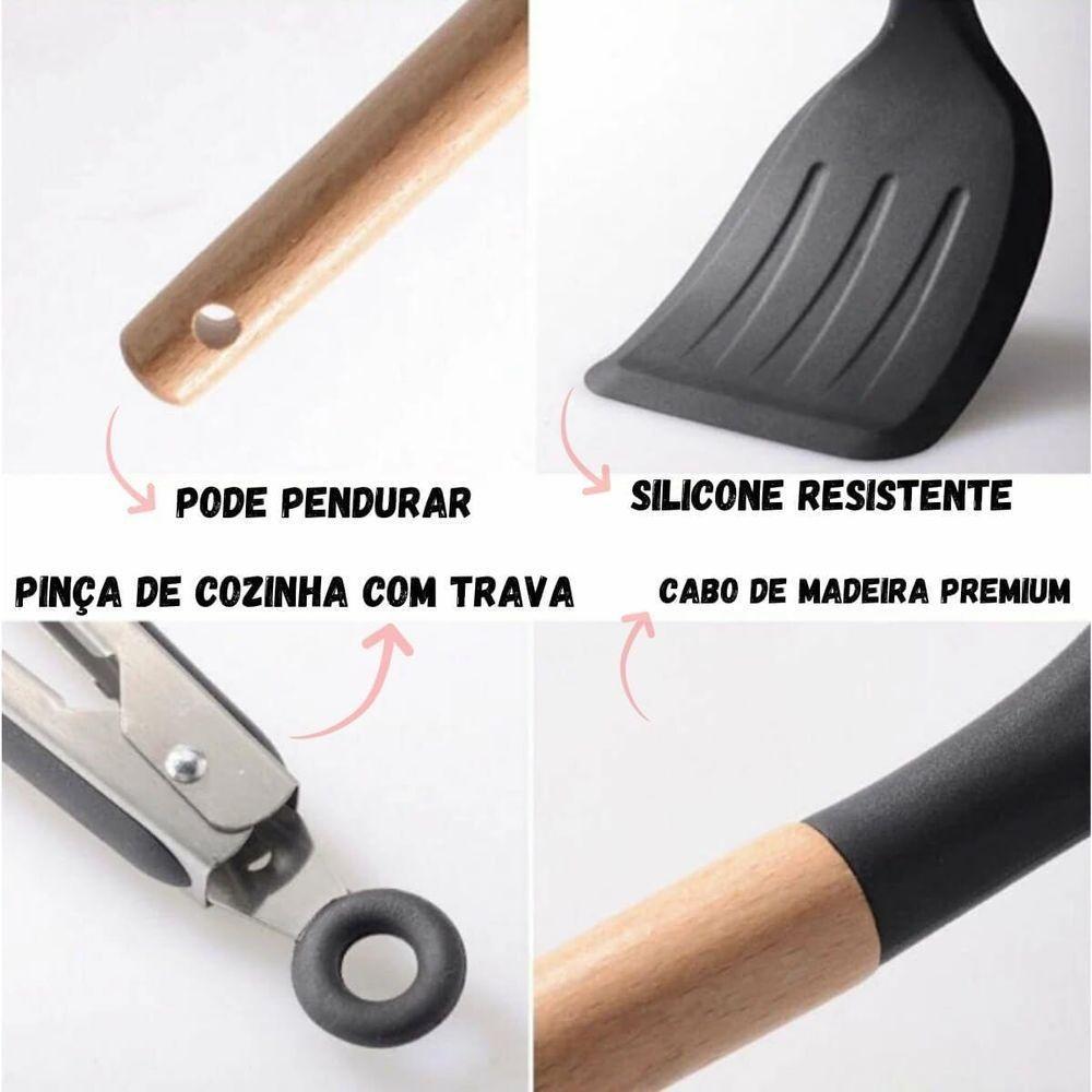 Kit De Utensílios De Cozinha Em Silicone Com Cabo De Madeira 12 Peças - Qualidade Premium - Rosa - 4