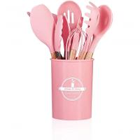 Kit De Utensílios De Cozinha Em Silicone Com Cabo De Madeira 12 Peças - Qualidade Premium - Rosa - 1