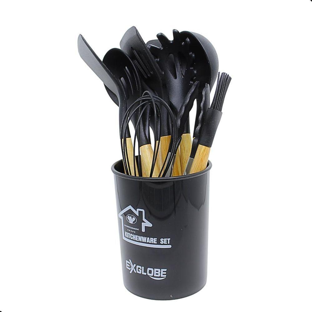 Kit De Utensílios Para Cozinha 12 Peças, De Silicone E Cabo De Madeira, Antiaderente - Preto - 1