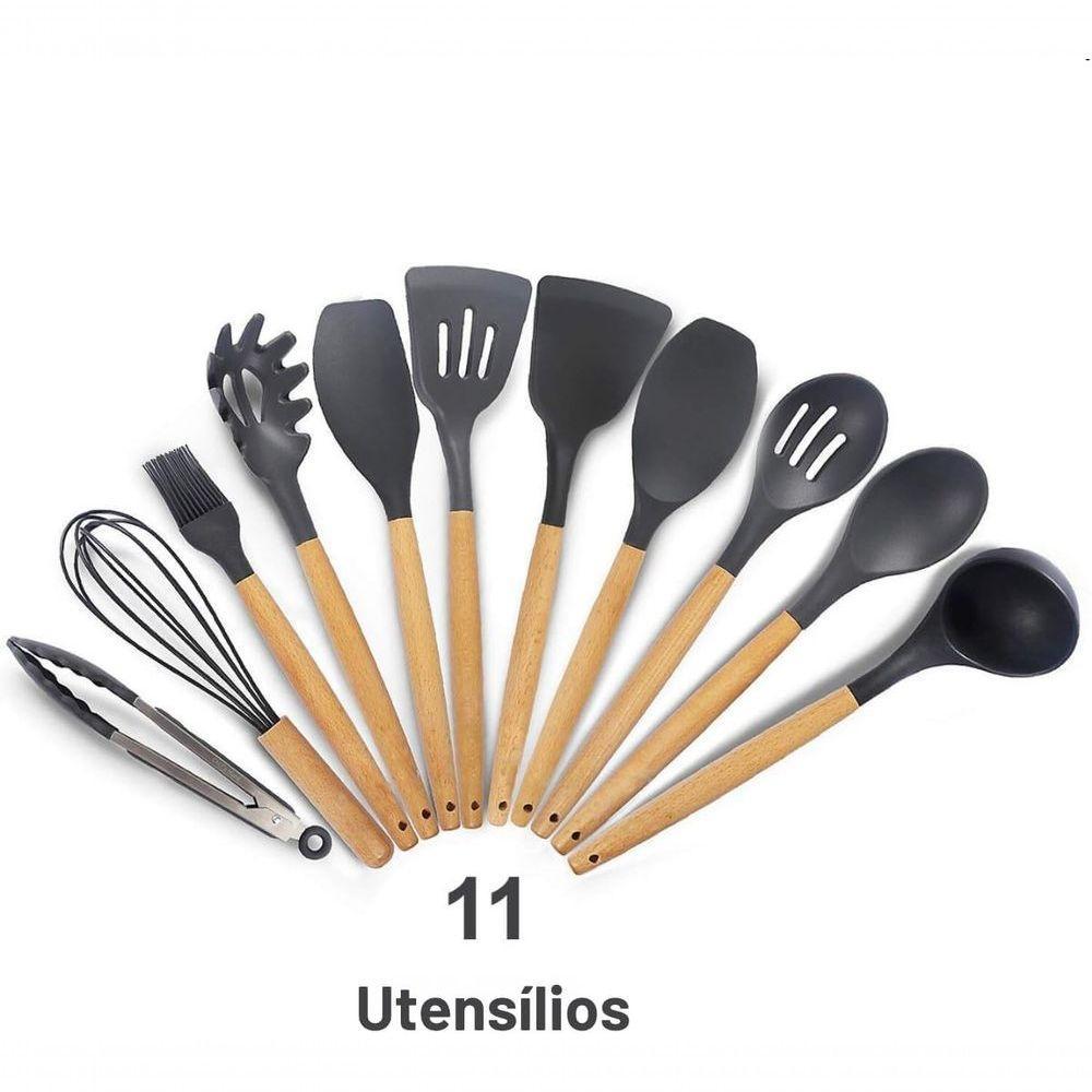Kit De Utensílios Para Cozinha 12 Peças, De Silicone E Cabo De Madeira, Antiaderente - Preto - 3