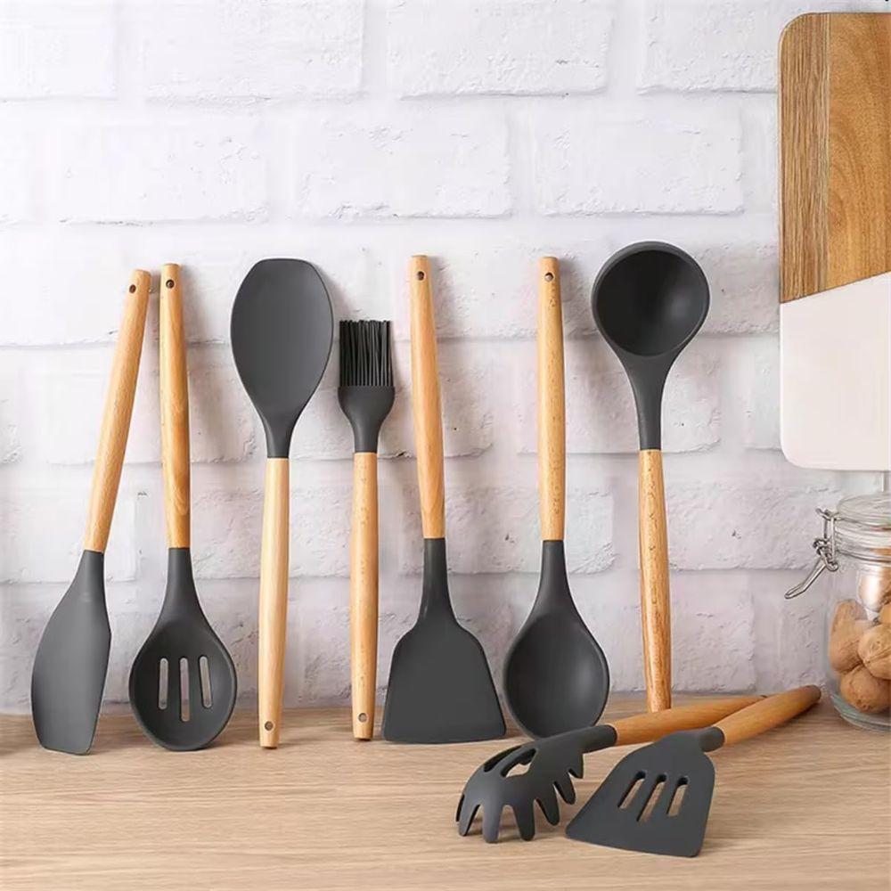 Kit De Utensílios Para Cozinha 12 Peças, De Silicone E Cabo De Madeira, Antiaderente - Preto - 4