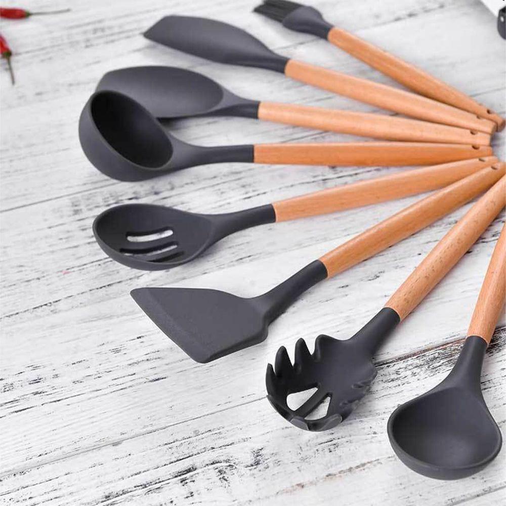 Kit De Utensílios Para Cozinha 12 Peças, De Silicone E Cabo De Madeira, Antiaderente - Preto - 5