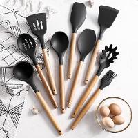 Kit De Utensílios Para Cozinha 12 Peças, De Silicone E Cabo De Madeira, Antiaderente - Preto - 6