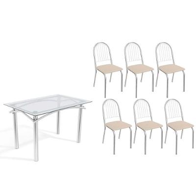 Conjunto: Mesa Sala Jantar Elba C- Tampo De Vidro 120cm E 6 Cadeiras Noruega Cromada - Courano Bege - Kappesberg