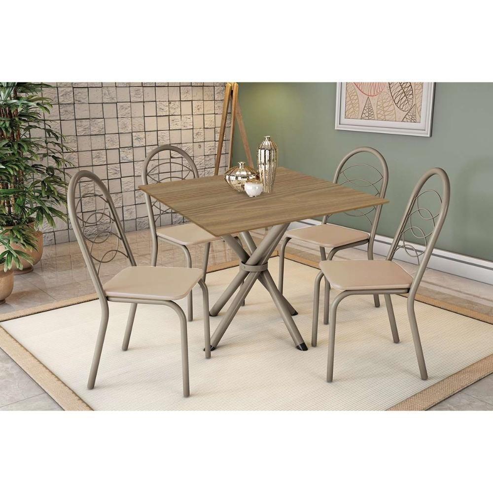 Conjunto: Mesa De Cozinha Volga C- Tampo De Madeira 90cm E 4 Cadeiras Holanda Niquel-nogueira - Bege - Kappesberg - 1