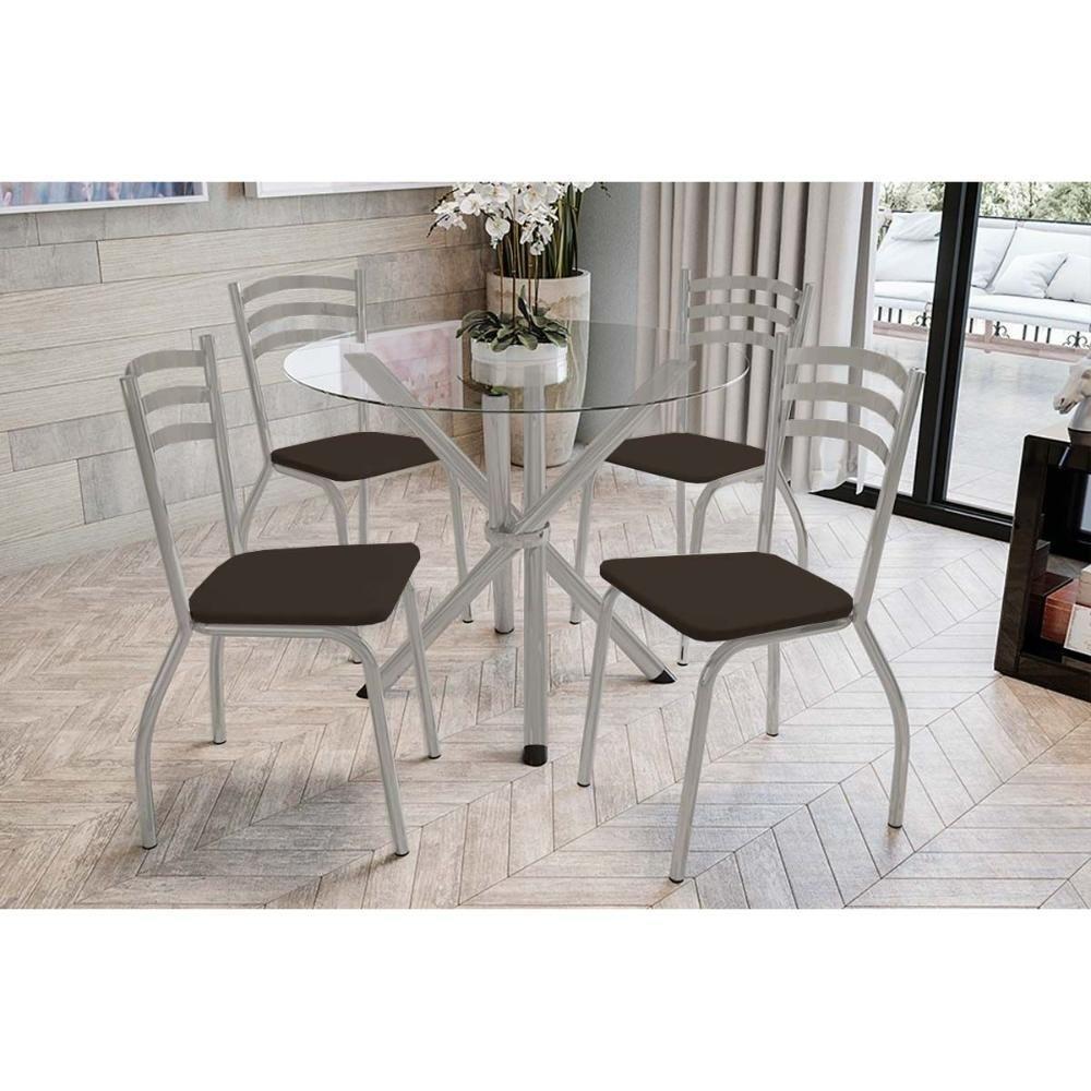 Conjunto: Mesa De Cozinha Volga C- Tampo De Vidro 95cm E 4 Cadeiras Portugal Niquel - Courano Marrom - Kappesberg - 1