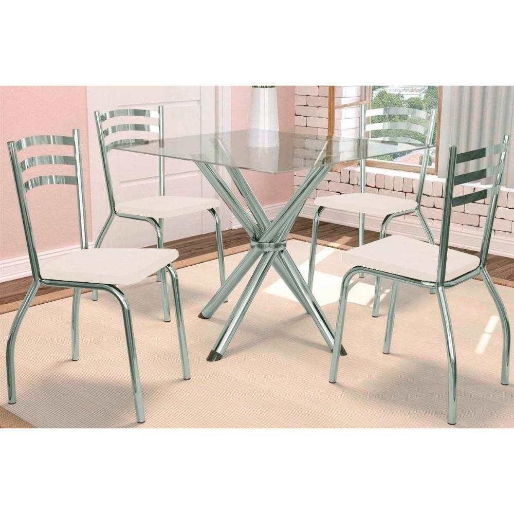 Kit 4 Cadeiras Sala Jantar Volga C- Tampo De Vidro 90cm E 4 Cadeiras Portugal Cromada - Courano Branco - Kappesberg - 1