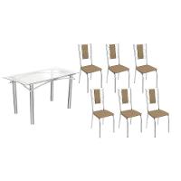 Kit 6 Cadeiras Sala Jantar Elba C- Tampo De Vidro 150cm E 6 Cadeiras Lisboa Cromada - Courano Capuccino - Kappesberg - 1