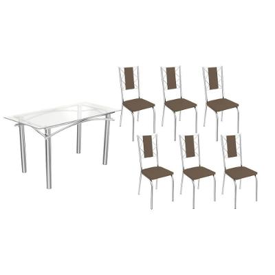 Kit 6 Cadeiras Sala Jantar Elba C- Tampo De Vidro 150cm E 6 Cadeiras Lisboa Cromada - Courano Marrom - Kappesberg