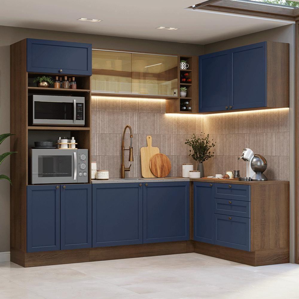 Armário De Cozinha Completa De Canto 399 Cm Rustic-azul Vik Madesa 02 Rustic-azul - 1