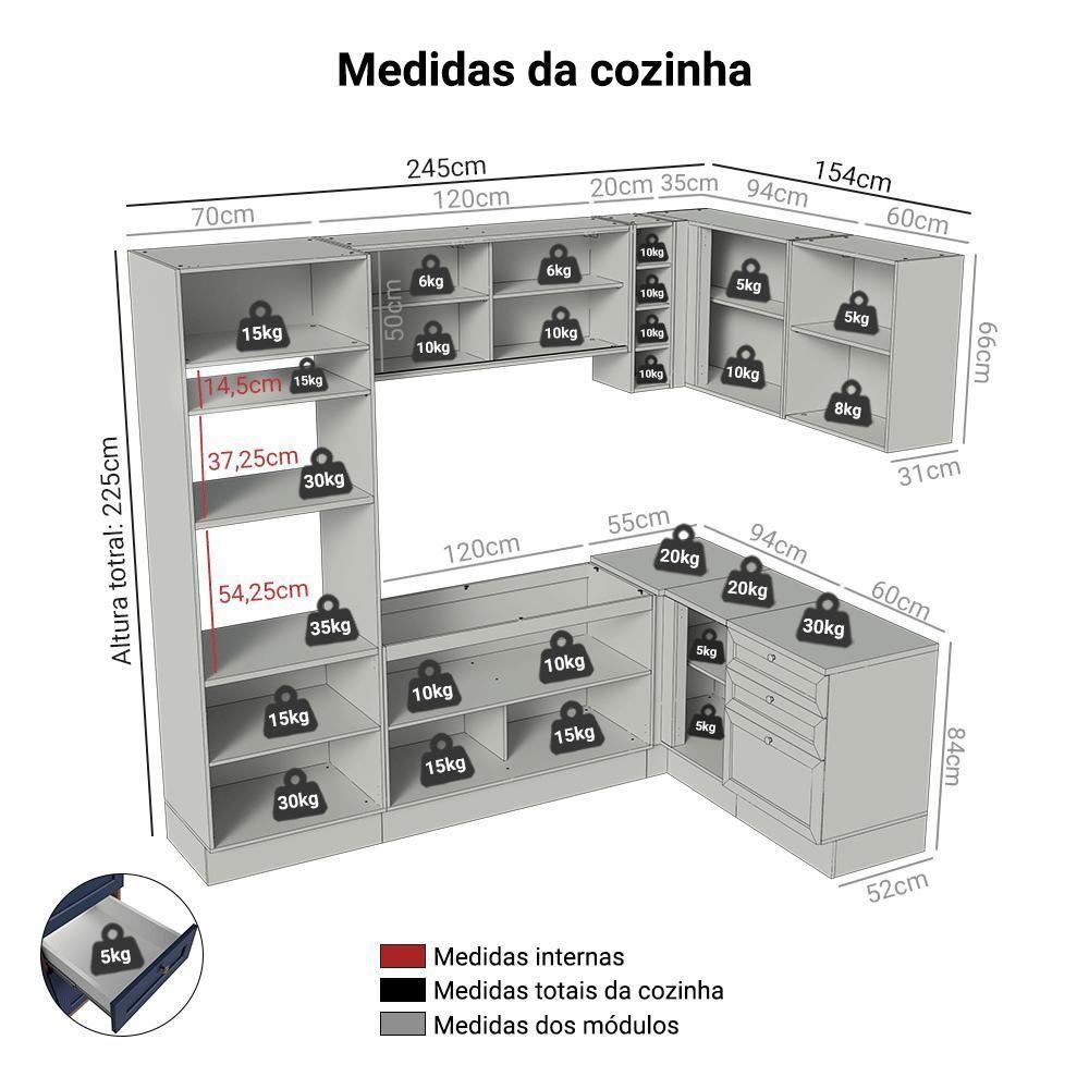 Armário De Cozinha Completa De Canto 399 Cm Rustic-azul Vik Madesa 02 Rustic-azul - 3