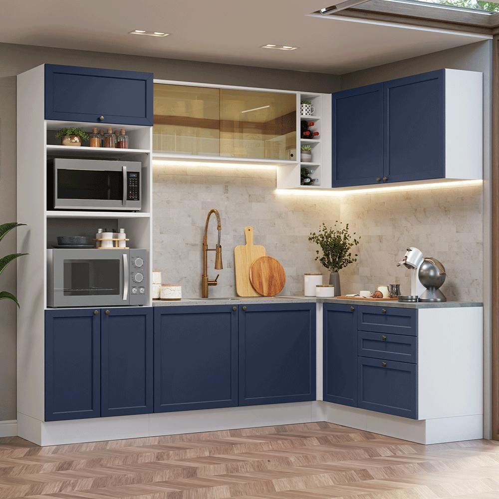 Armário De Cozinha Completa De Canto 399 Cm Branco-azul Vik Madesa 02 Branco-azul - 1
