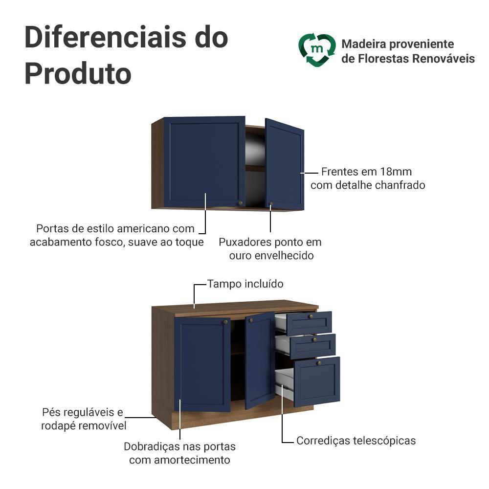 Armário De Cozinha Compacta 120 Cm Rustic-azul Vik Madesa 01 Rustic-azul - 6