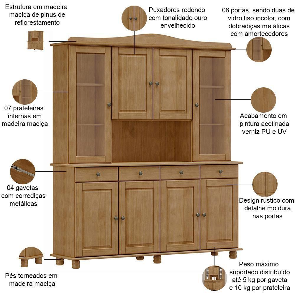 Armário De Cozinha Rústico Com Cristaleira 8 Portas 4 Gavetas Lazuli F06 Freijó - Lyam Decor - 3