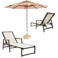 2 Espreguiçadeiras Alumínio + Ombrelone Piscina Praia Lazer Bege Claro - 1