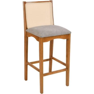 Banqueta Toscana Madeira Maciça Carvalho Tela Bege Tecido Boucle Cinza