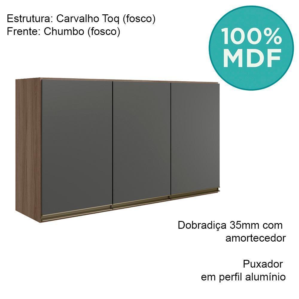 Armario Aereo 3 Portas Mdf 120 Cm Kali 12197 Carvalho Toq Chumbo Nicioli Carvalho Toq Chumbo - 4
