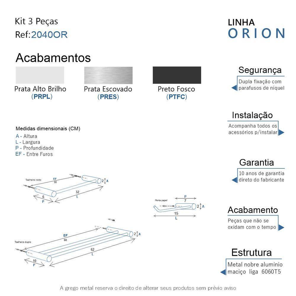 Kit Acessórios Para Banheiro Escovado 3 Peças Grego Metal 2040or - 7