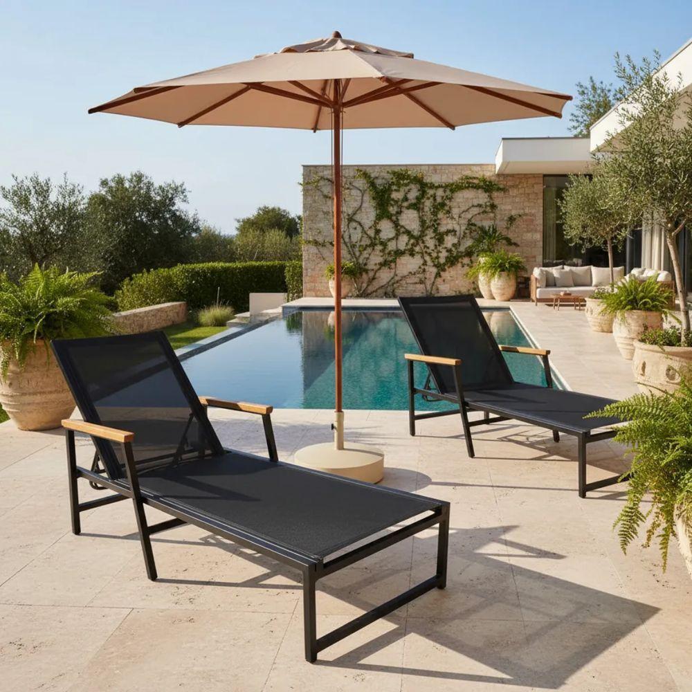 2 Espreguiçadeiras Alumínio + Ombrelone Piscina Praia Lazer Preto - 4