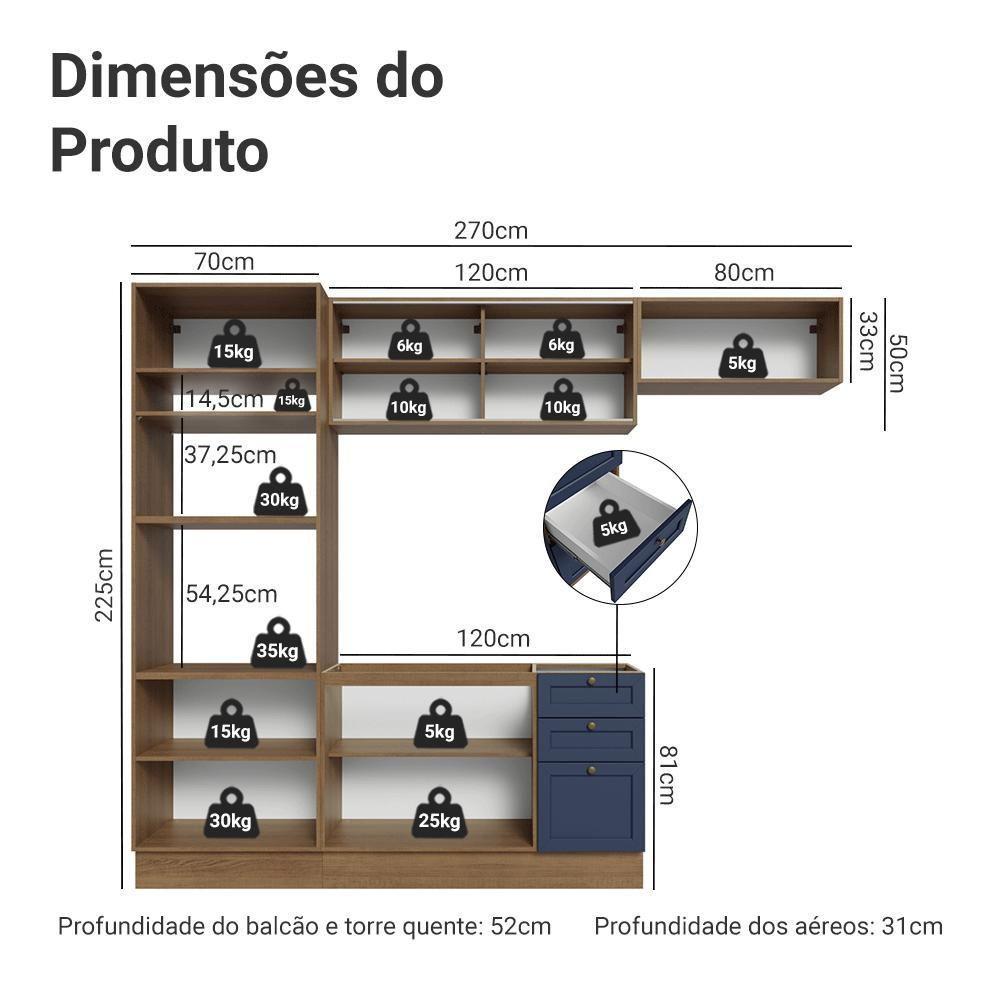 Armário De Cozinha Completa 270 Cm Rustic-azul Vik Madesa 04 Rustic-azul - 3
