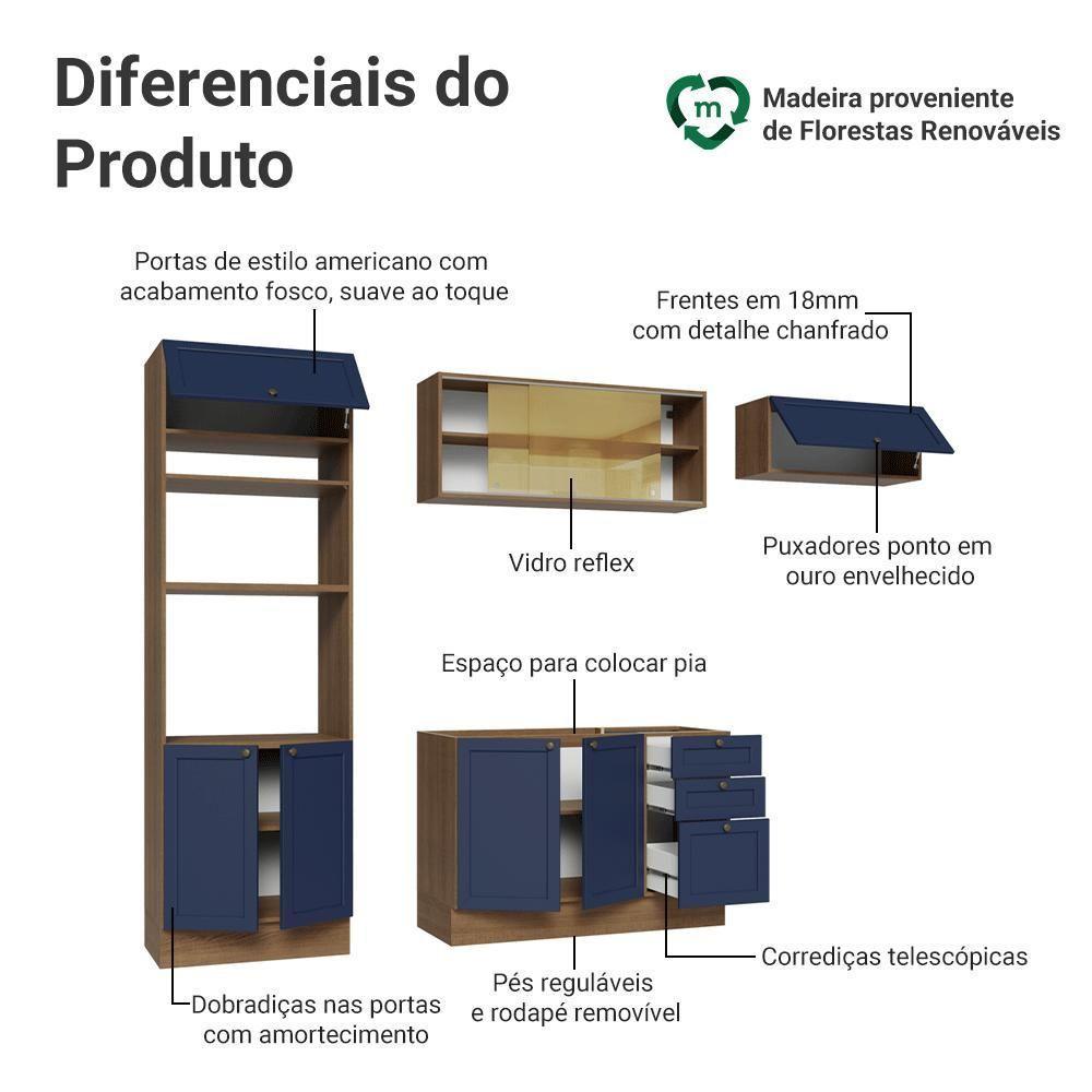 Armário De Cozinha Completa 270 Cm Rustic-azul Vik Madesa 04 Rustic-azul - 4