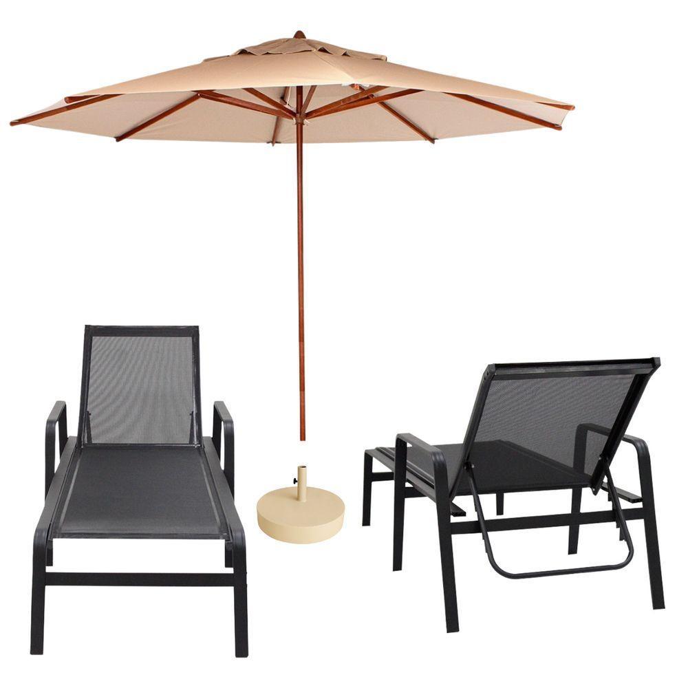 2 Cadeira Espreguiçadeira Piscina Sevilha + Guarda Sol Praia Nossakasa Preto - 1