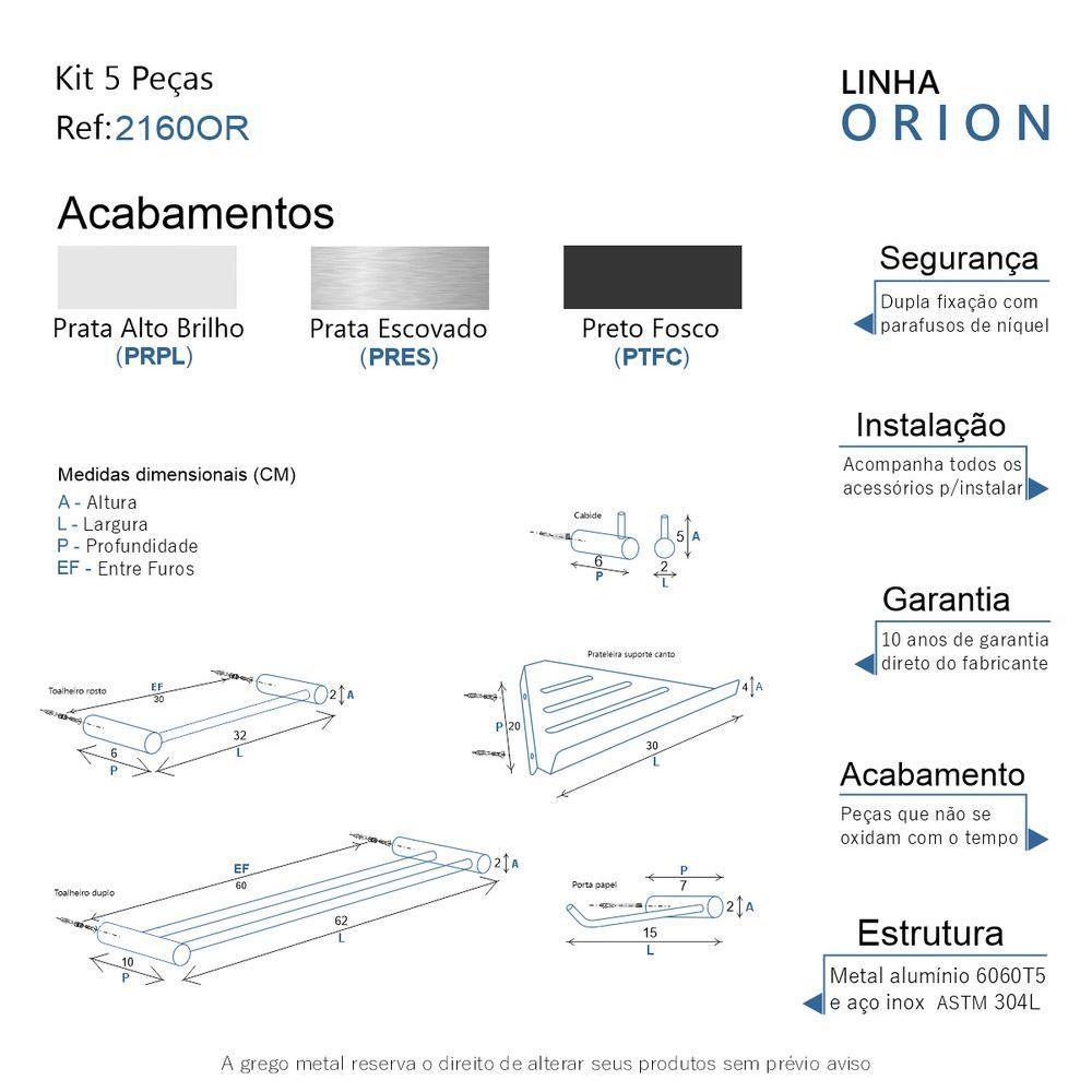 Kit Acessórios Para Banheiro Preto Fosco 5 Peças Grego Metal 2160or - 9