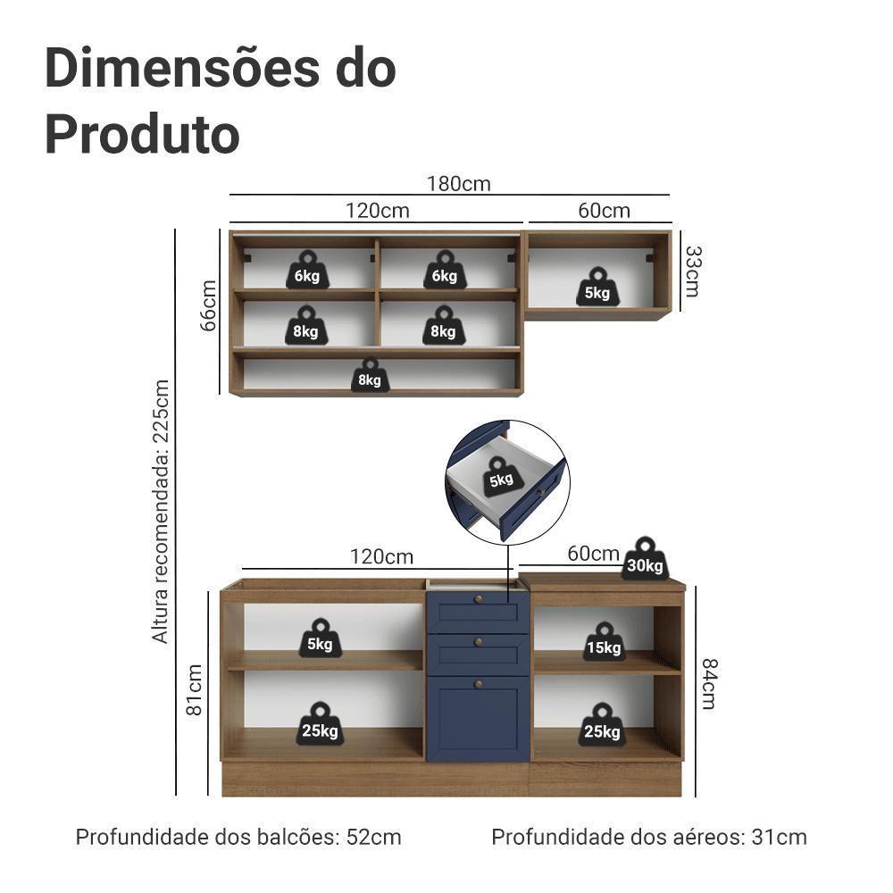 Armário De Cozinha Completa 180 Cm Rustic-azul Vik Madesa 05 Rustic-azul - 3