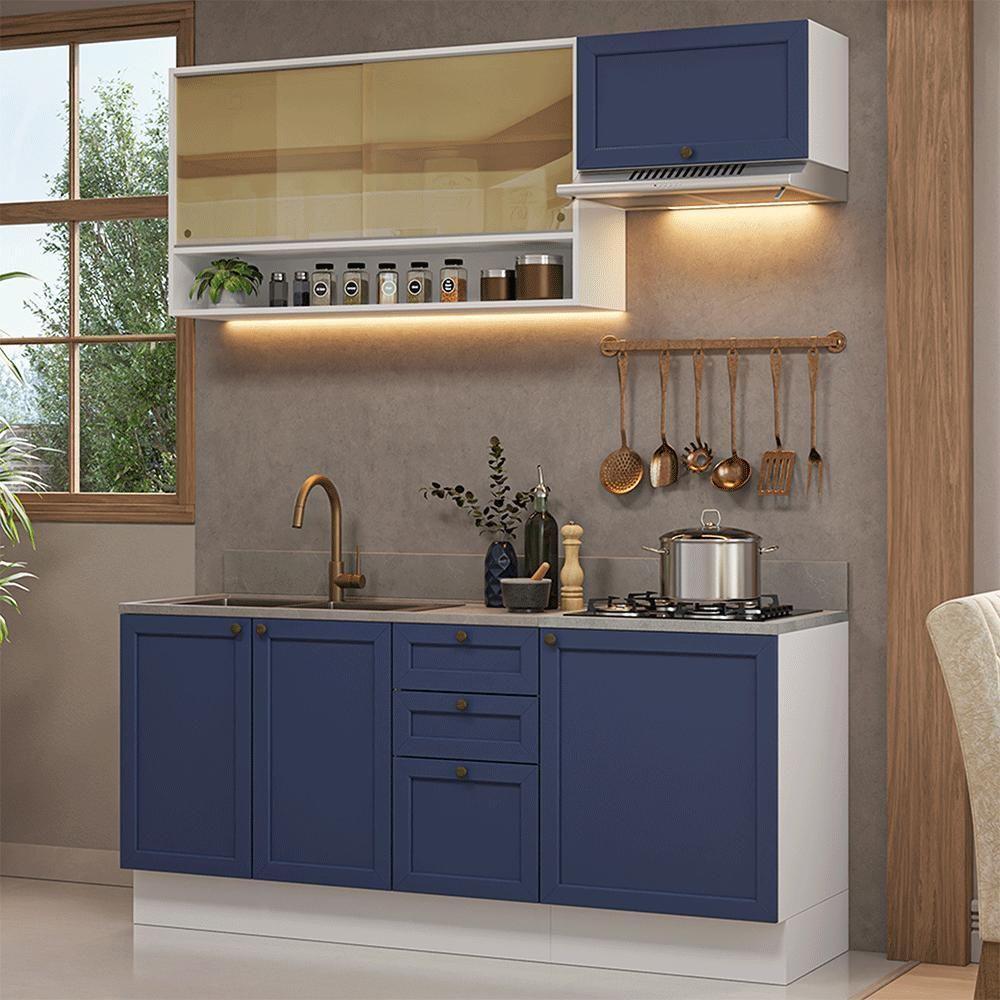 Armário De Cozinha Completa 180 Cm Branco-azul Vik Madesa 05 Branco-azul - 1