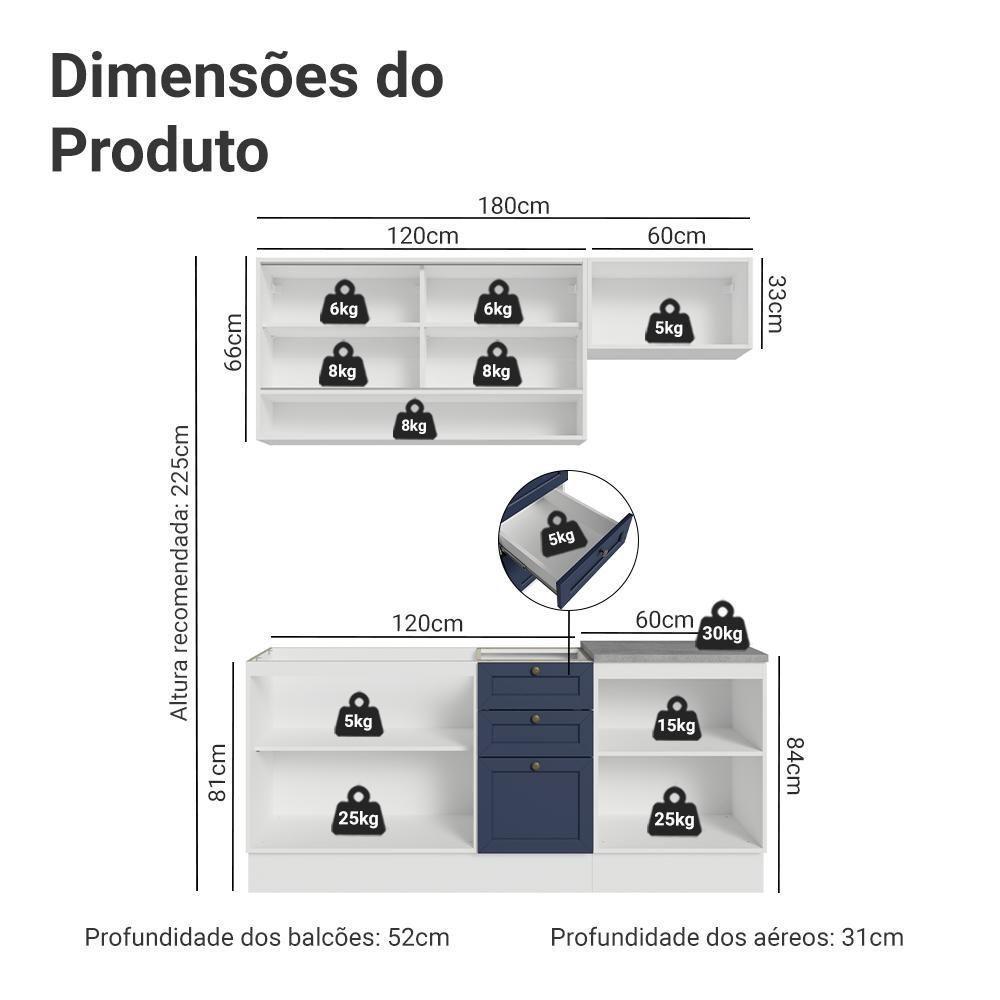 Armário De Cozinha Completa 180 Cm Branco-azul Vik Madesa 05 Branco-azul - 3