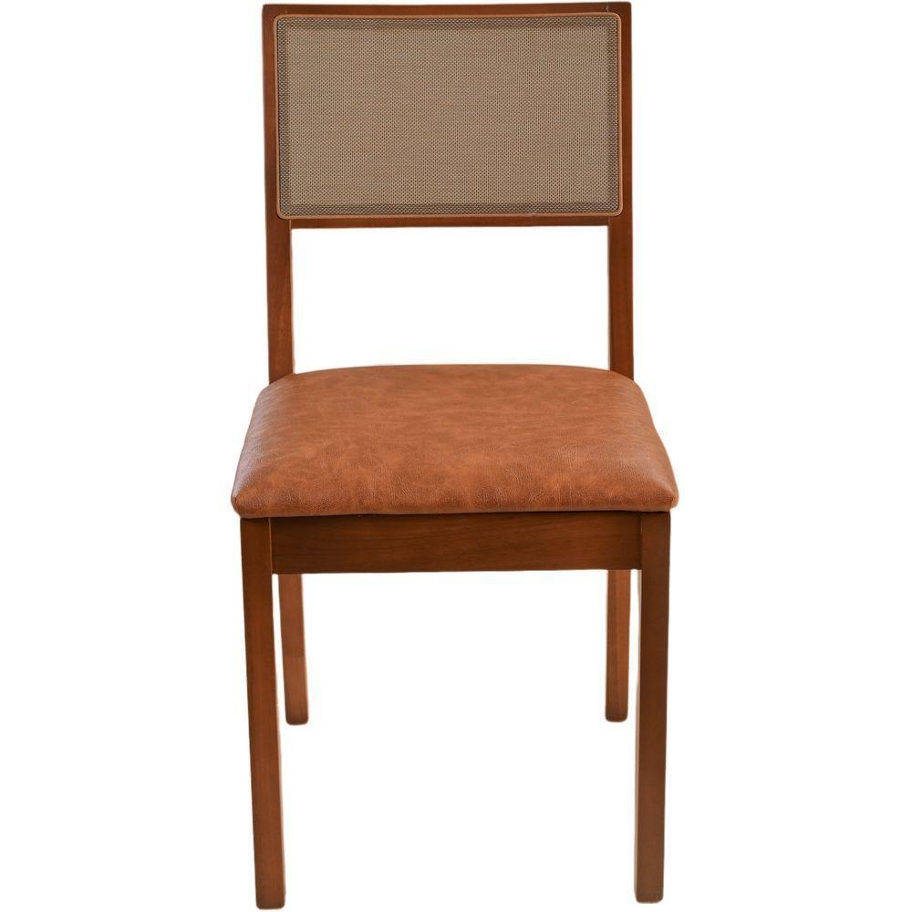 Cadeira Jantar Alice Madeira Maciça Castanho Encosto Tela Sling Marrom Assento Corino Caramelo Mescla - 3