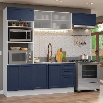 Cozinha Completa Vik 6 Portas 3 Gavetas MDF 270 cm Branco-azul com Nicho para Forno e Micro-ondas