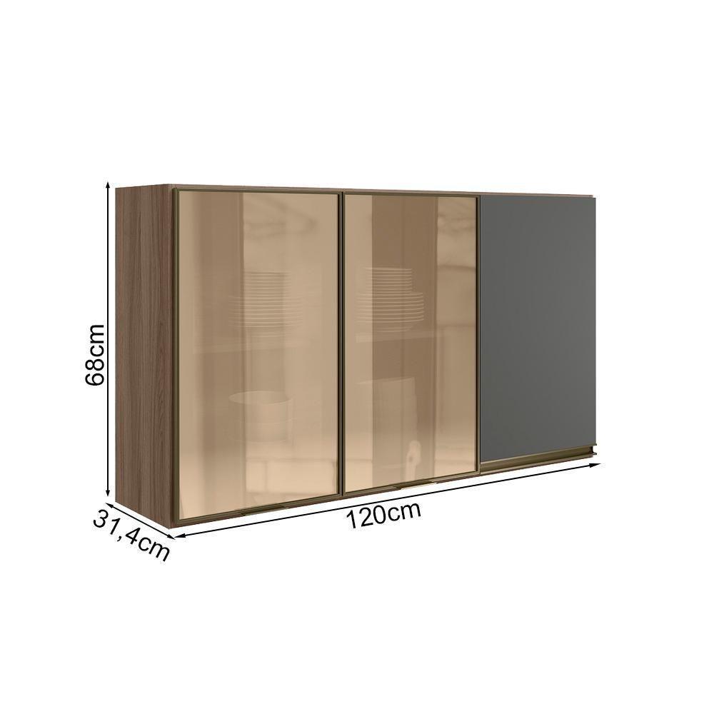 Armario Aereo 3p Vid Mdf 120cm Kali 1219764 Carvalho Toq Chumbo Nicioli Carvalho Toq Chumbo - 3