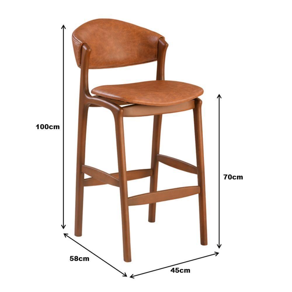Banqueta Alta Pietra Madeira Maciça Castanho Estofado Corino Marrom Mescla Encosto Curvo Moderno - 4