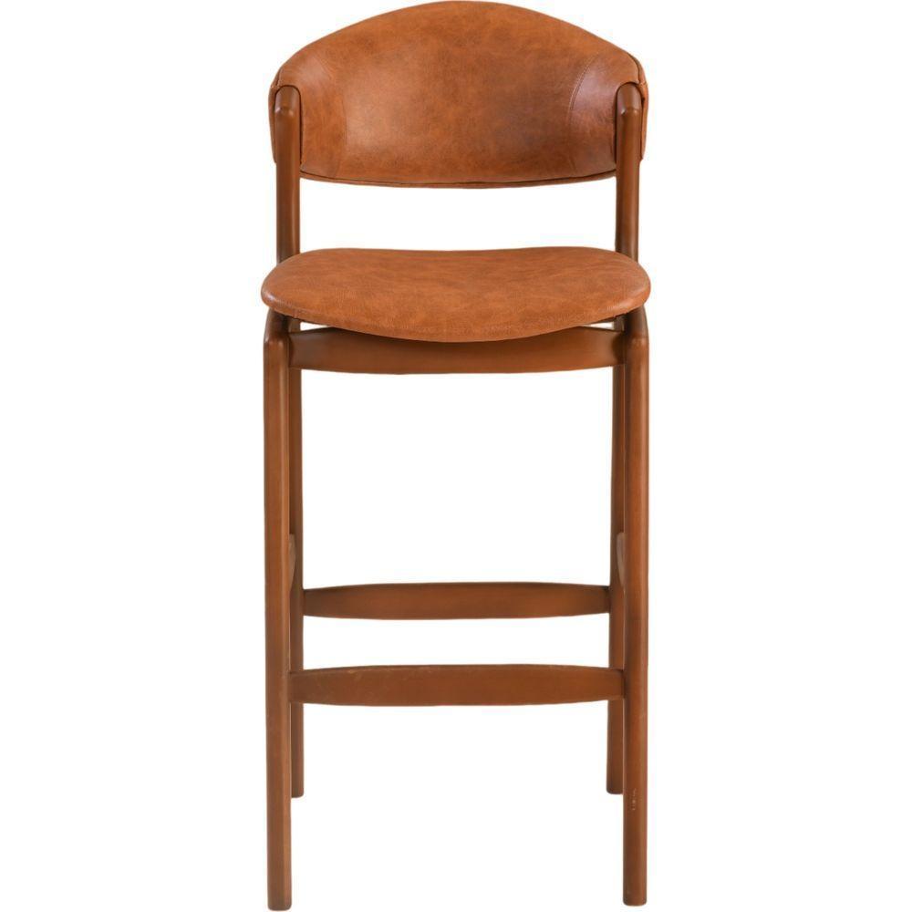 Banqueta Alta Pietra Madeira Maciça Castanho Estofado Corino Marrom Mescla Encosto Curvo Moderno - 5