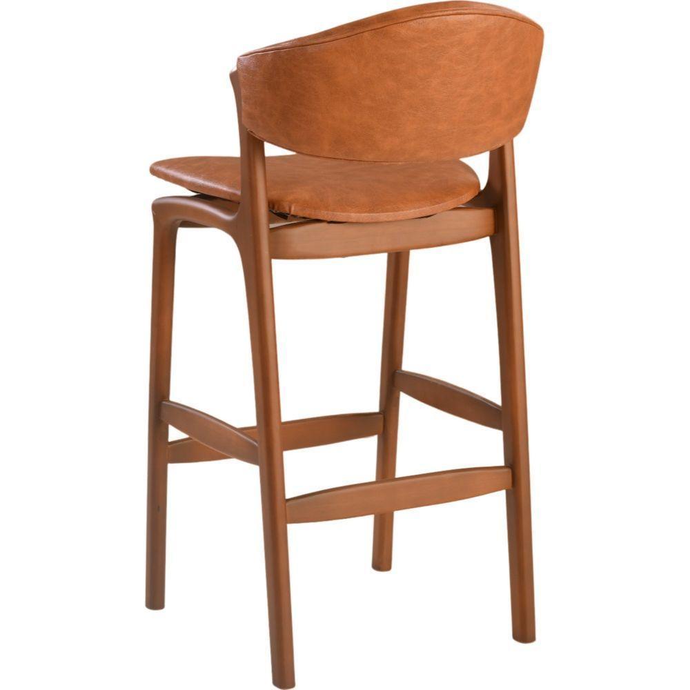 Banqueta Alta Pietra Madeira Maciça Castanho Estofado Corino Marrom Mescla Encosto Curvo Moderno - 7