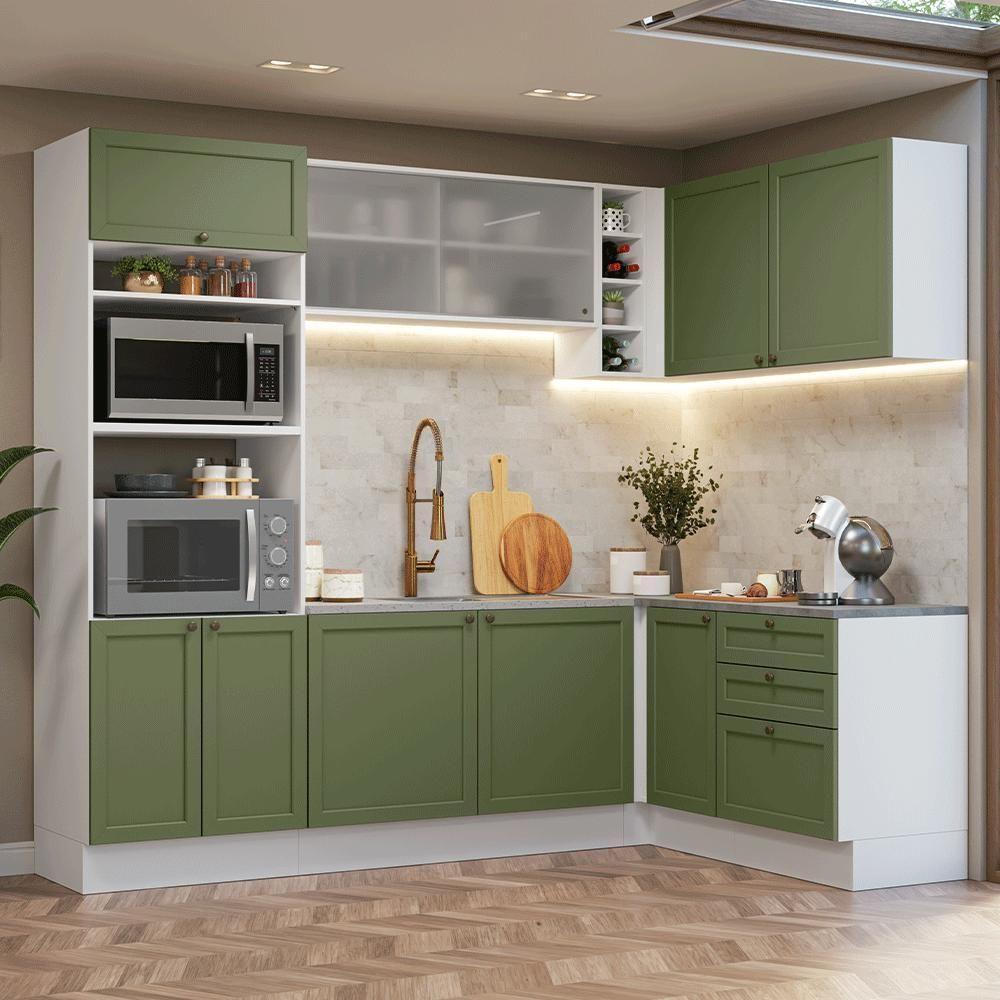 Armário De Cozinha Completa De Canto 399 Cm Branco-verde Vik Madesa 01 Branco-verde - 1