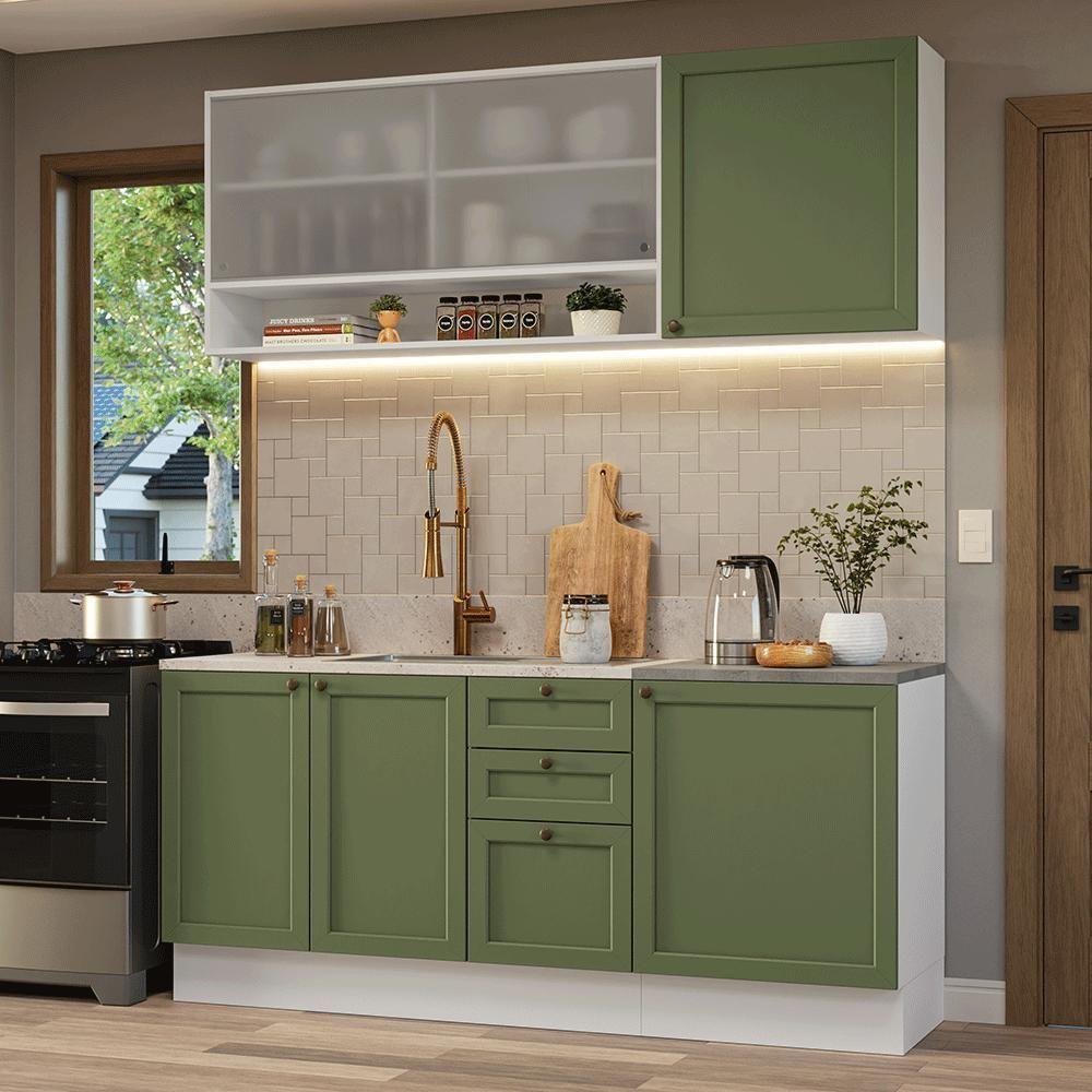 Armário De Cozinha Compacta 180 Cm Branco-verde Vik Madesa 03 Branco-verde - 1