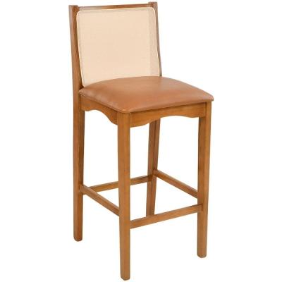 Banqueta Toscana Madeira Maciça Carvalho Tela Bege Corino Caramelo