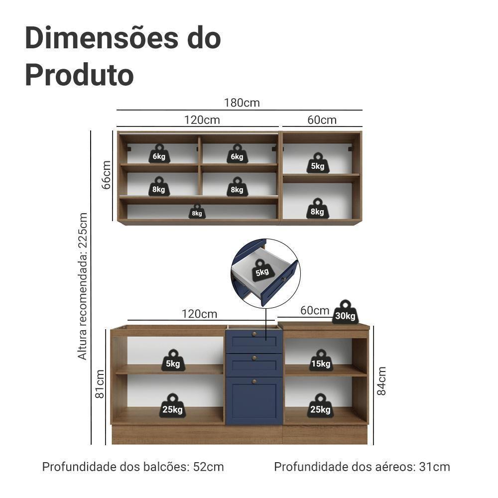 Armário De Cozinha Compacta 180 Cm Rustic-azul Vik Madesa 04 Rustic-azul - 3