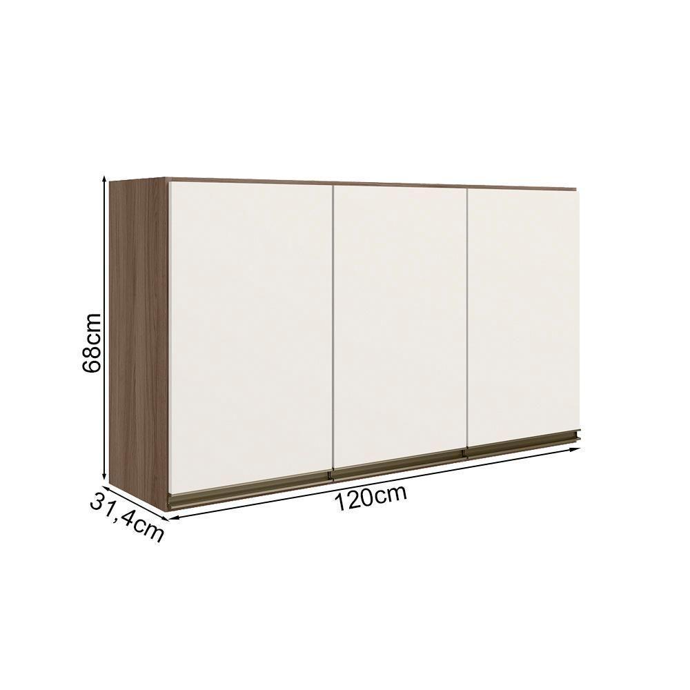 Armario Aereo 3 Portas Mdf 120 Cm Kali 12197 Carvalho Toq Off White Cetim Nicioli Carvalho Toq Off White Cetim - 3