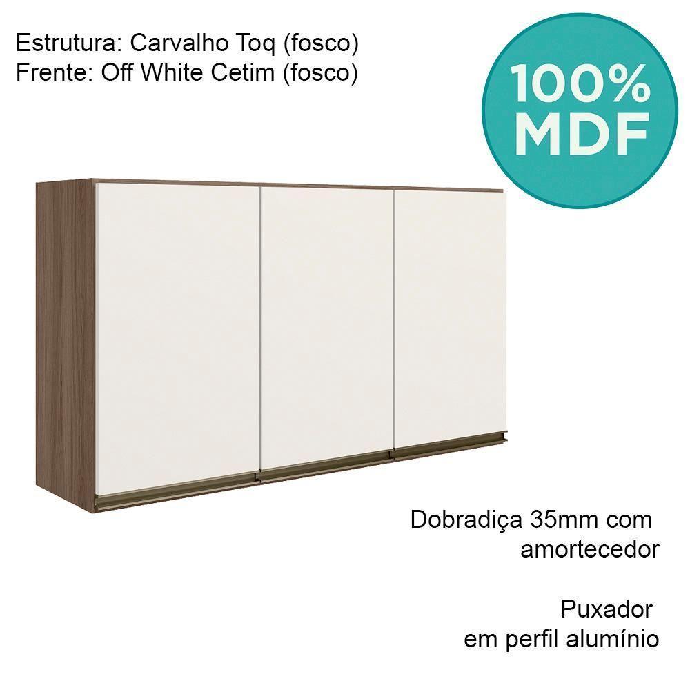 Armario Aereo 3 Portas Mdf 120 Cm Kali 12197 Carvalho Toq Off White Cetim Nicioli Carvalho Toq Off White Cetim - 4